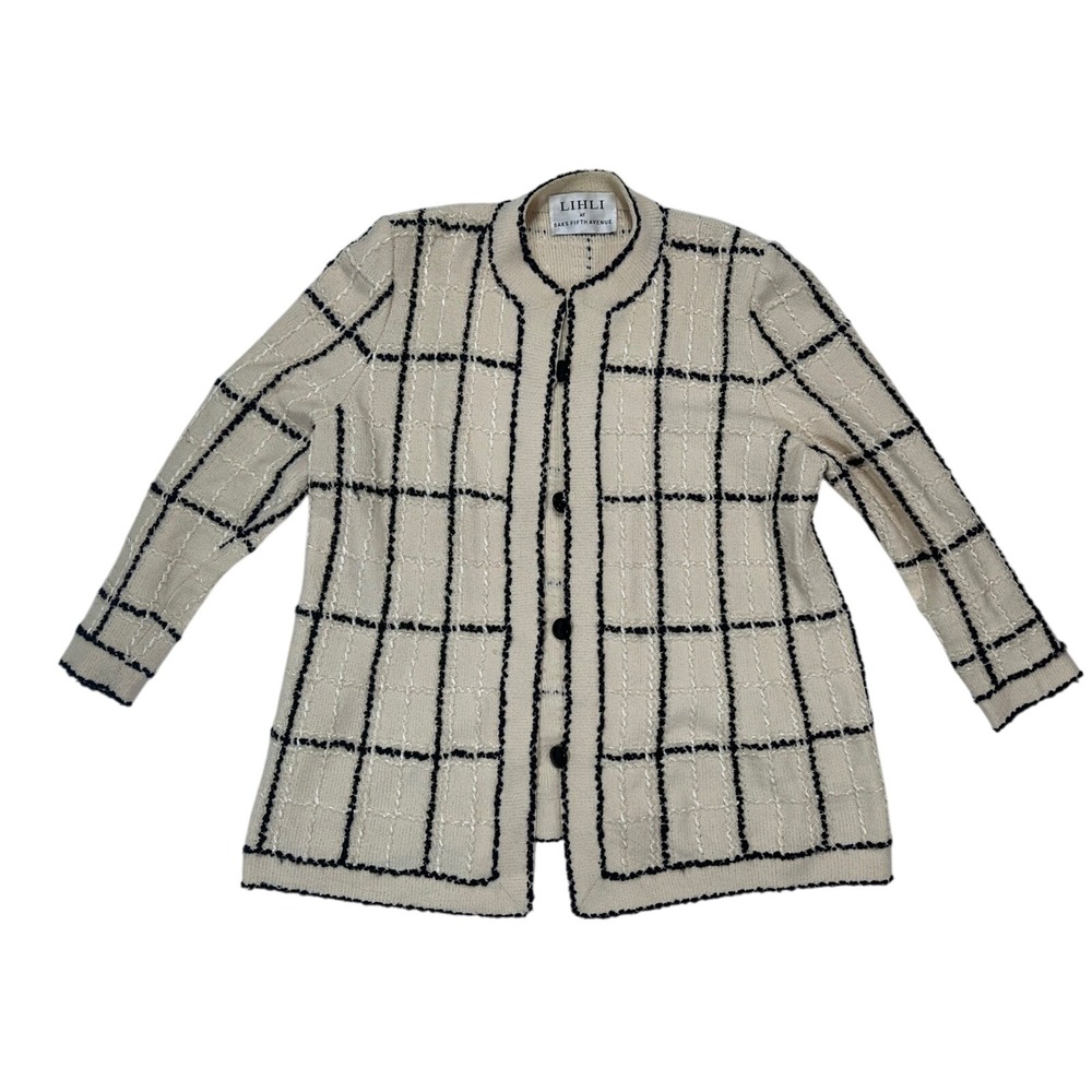 LIHLI AT SAKS FIFTH AVENUE Womens Beige Black Knit Sweater Cardigan Wool size M